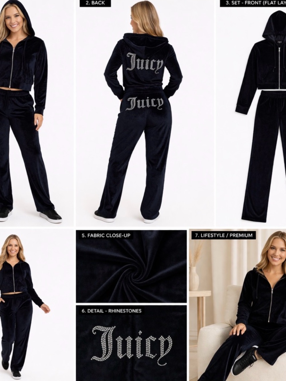 Juicy Couture Black Velour Rhinestone Logo Track Pants & Hoodie Set